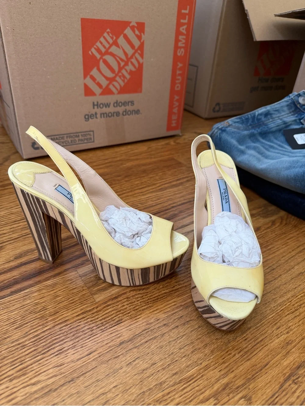 Prada Cream Patent Leather Peep-Toe Slingback Platform Heels